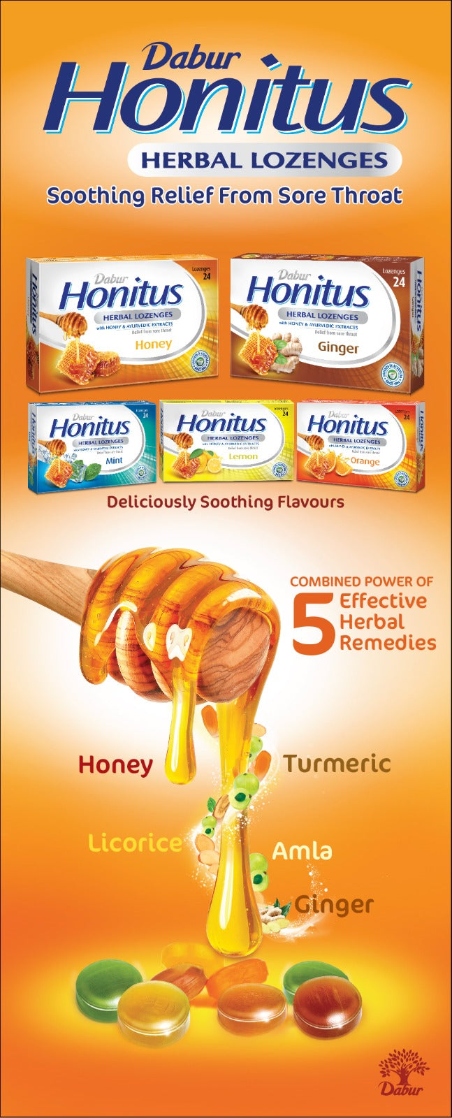 Dabur Honitus Herbal Lozenges Smoothing Relief From Sour Throat with Honey, Turmeric, Licorice, Amla, Ginger