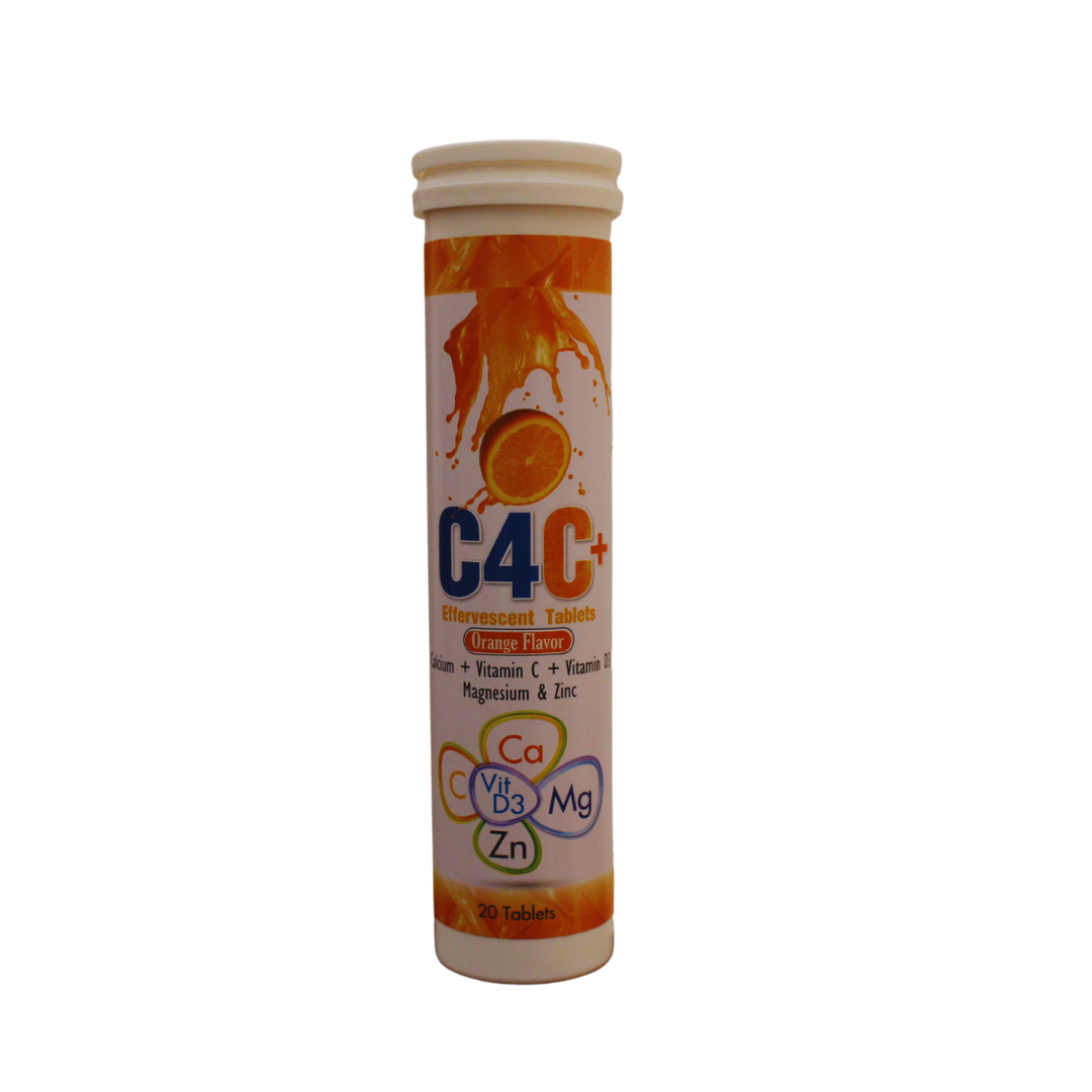 أقراص فوارة C4C+ بنكهة البرتقال، نكهة البرتقال (20 قرص) - الكالسيوم، فيتامين C، D3، المغنيسيوم، مكملات الزنك للمناعة وصحة العظام