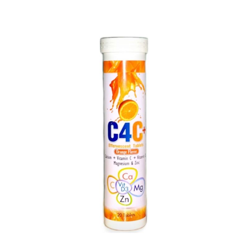 أقراص فوارة C4C+ بنكهة البرتقال، نكهة البرتقال (20 قرص) - الكالسيوم، فيتامين C، D3، المغنيسيوم، مكملات الزنك للمناعة وصحة العظام